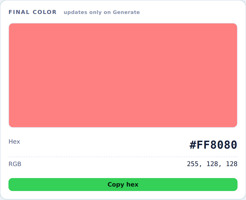 hexIT final color panel showing hex #FF8080 and RGB 255, 128, 128 with a copy hex button