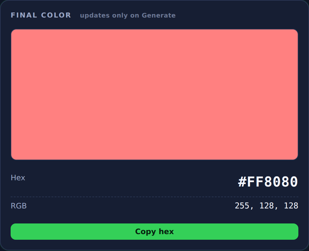 hexIT final color panel showing hex #FF8080 and RGB 255, 128, 128 with a copy hex button