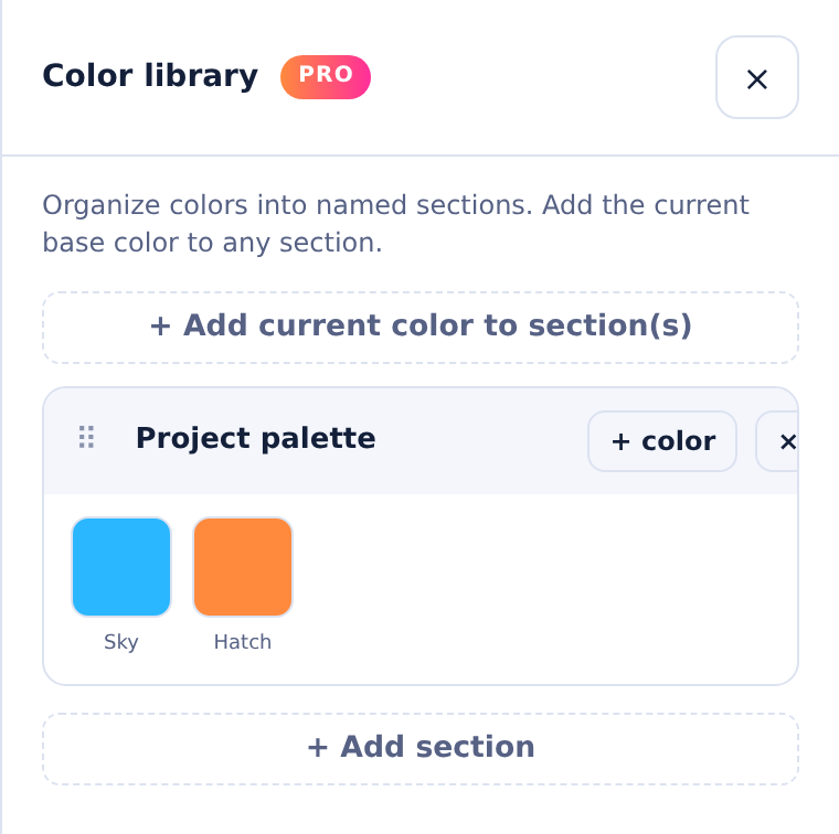hexIT Pro color library drawer with a named Project palette section holding Sky and Hatch swatches