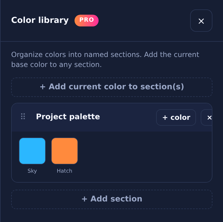 hexIT Pro color library drawer with a named Project palette section holding Sky and Hatch swatches