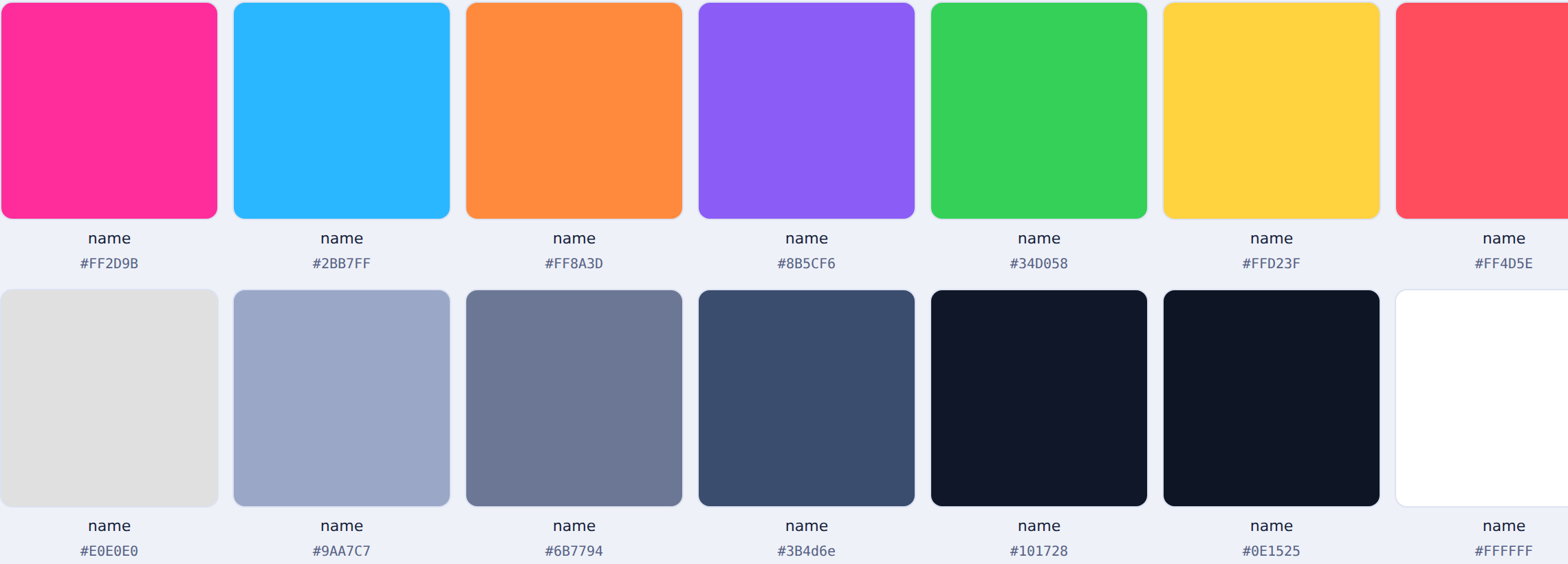 hexIT quick color pots, a grid of saved swatches each with a name and hex value